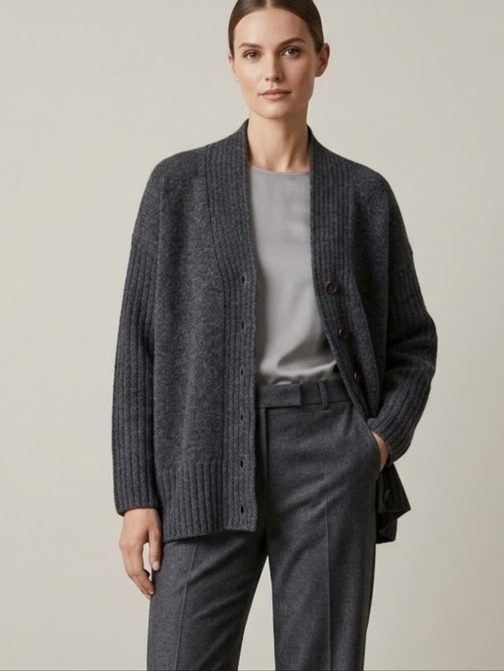 Stefanel Italy Virgin Wool Gray Knit Cardigan Button Front Minimalist